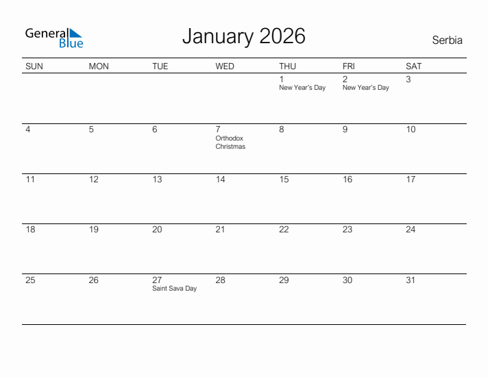 Printable January 2026 Calendar for Serbia