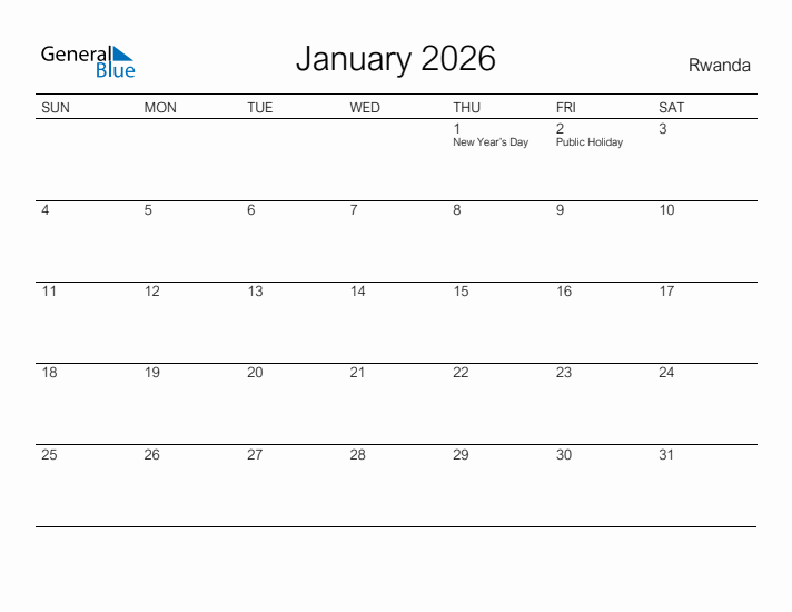 Printable January 2026 Calendar for Rwanda