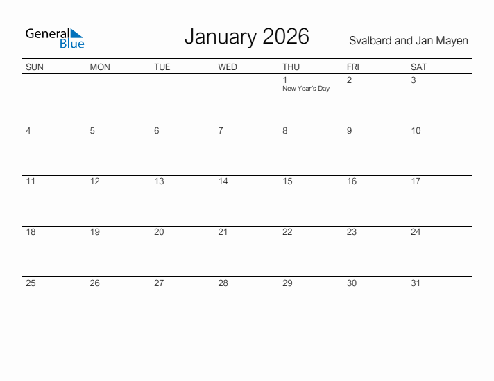 Printable January 2026 Calendar for Svalbard and Jan Mayen
