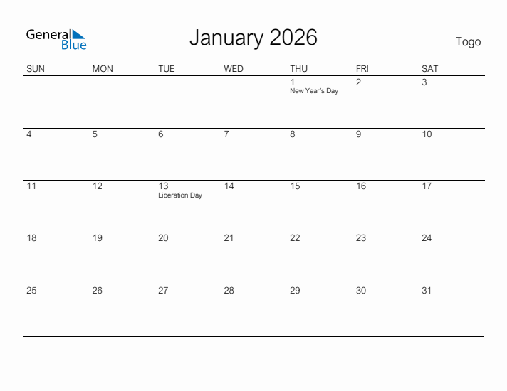 Printable January 2026 Calendar for Togo