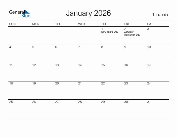 Printable January 2026 Calendar for Tanzania