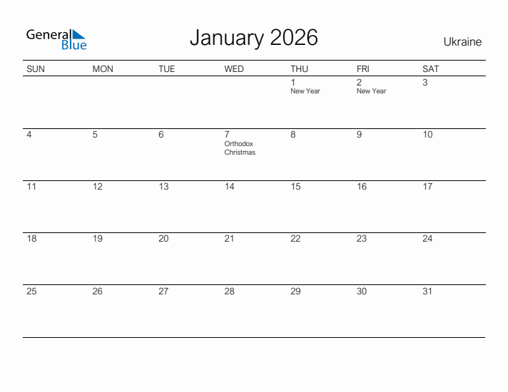 Printable January 2026 Calendar for Ukraine