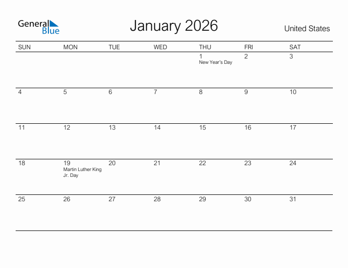 Printable January 2026 Calendar for United States