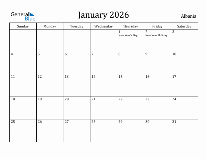 January 2026 Calendar Albania
