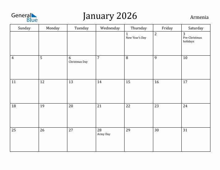 January 2026 Calendar Armenia