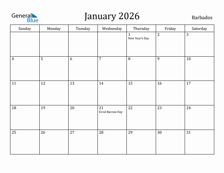 January 2026 Calendar Barbados