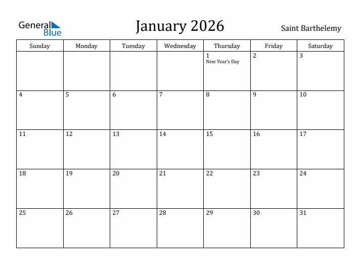 January 2026 Calendar Saint Barthelemy