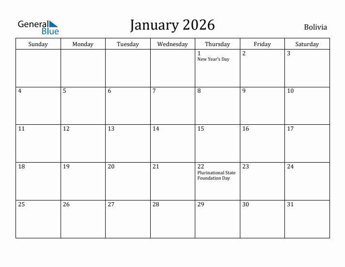 January 2026 Calendar Bolivia