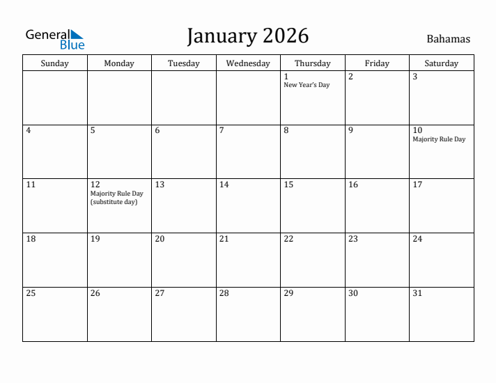 January 2026 Calendar Bahamas
