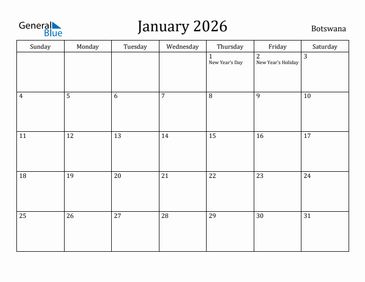 January 2026 Calendar Botswana
