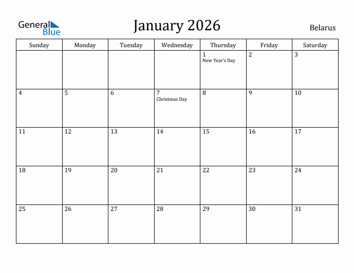 January 2026 Calendar Belarus
