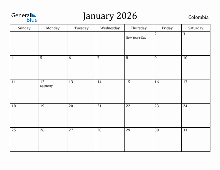 January 2026 Calendar Colombia