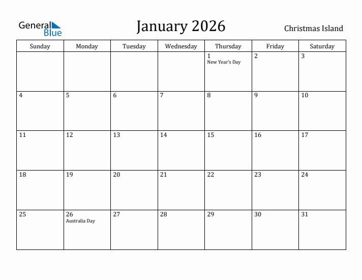 January 2026 Calendar Christmas Island