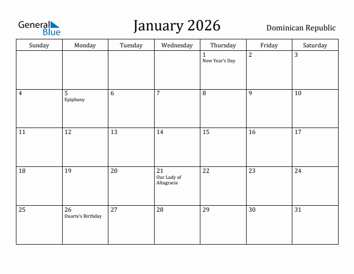 January 2026 Calendar Dominican Republic