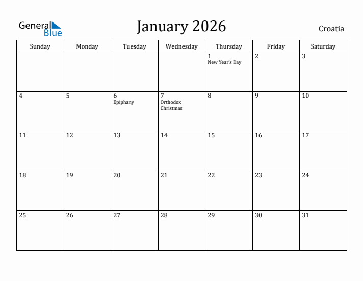 January 2026 Calendar Croatia