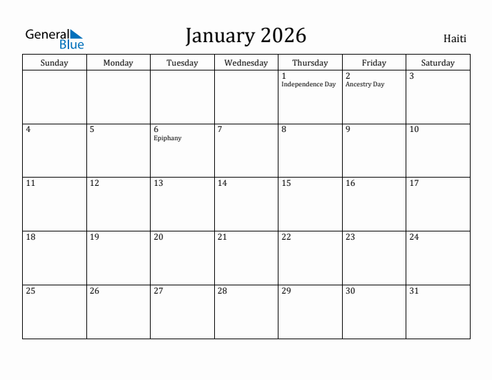 January 2026 Calendar Haiti