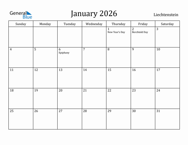 January 2026 Calendar Liechtenstein