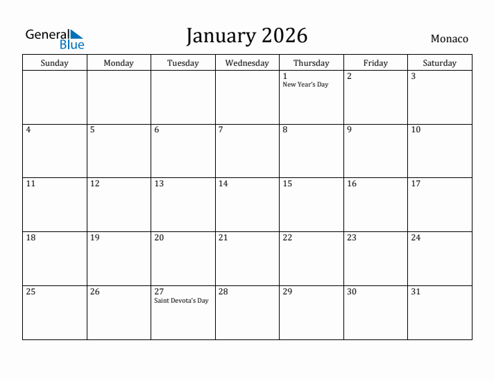January 2026 Calendar Monaco