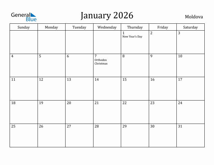 January 2026 Calendar Moldova
