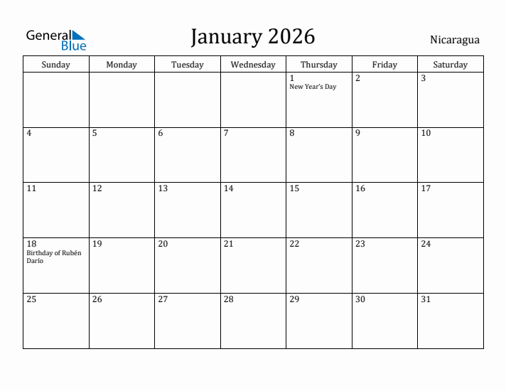January 2026 Calendar Nicaragua