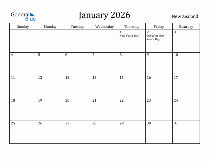 January 2026 Calendar New Zealand