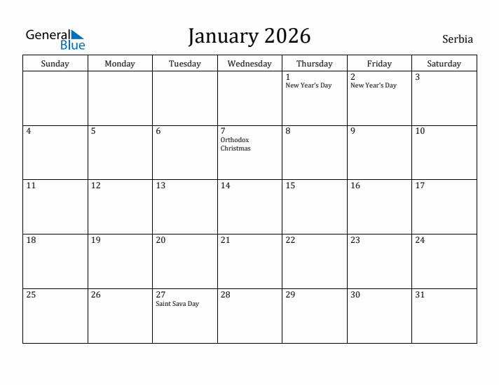 January 2026 Calendar Serbia