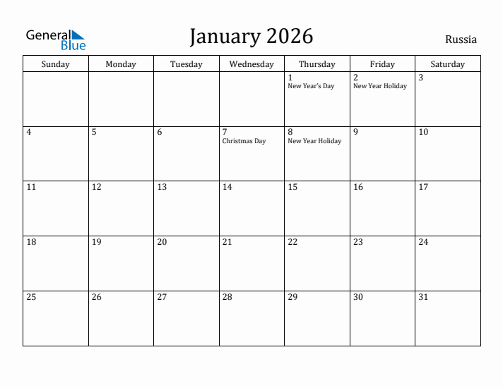 January 2026 Calendar Russia