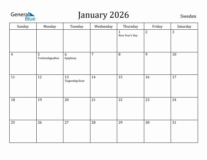 January 2026 Calendar Sweden