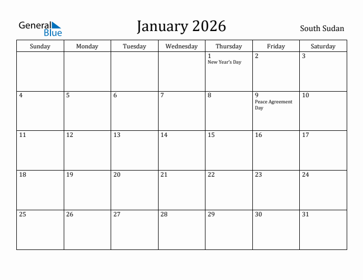 January 2026 Calendar South Sudan