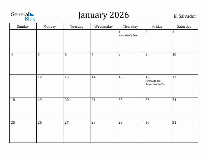January 2026 Calendar El Salvador