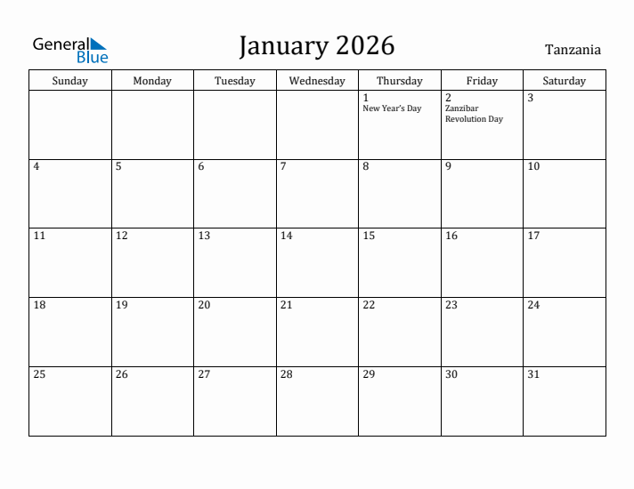 January 2026 Calendar Tanzania