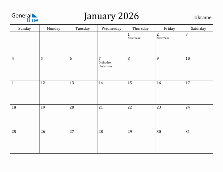 January 2026 Calendar Ukraine