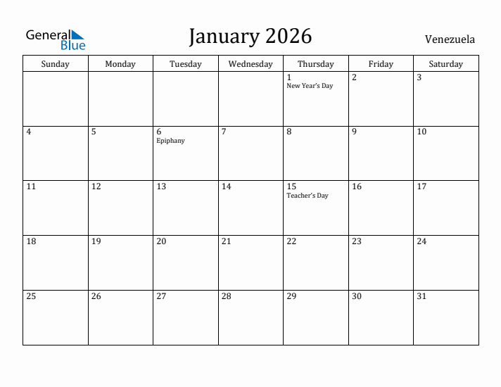 January 2026 Calendar Venezuela