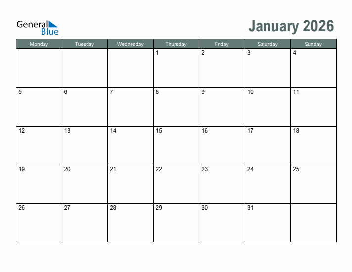 Free Printable January 2026 Calendar
