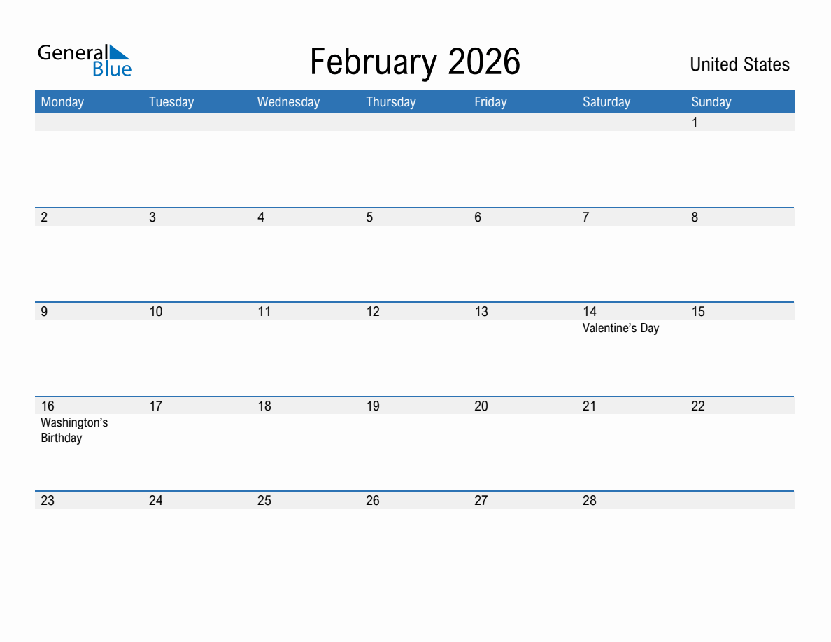 Editable February 2026 Calendar with United States Holidays