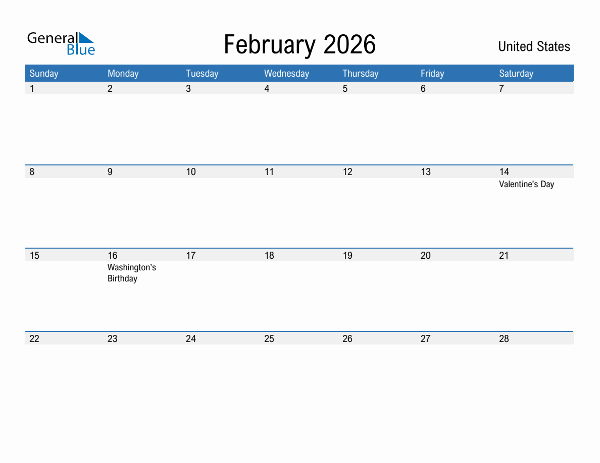 February 2026 Monthly Calendar with United States Holidays