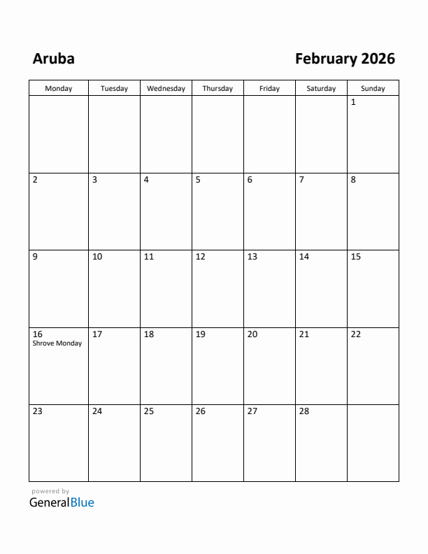 February 2026 Calendar with Aruba Holidays