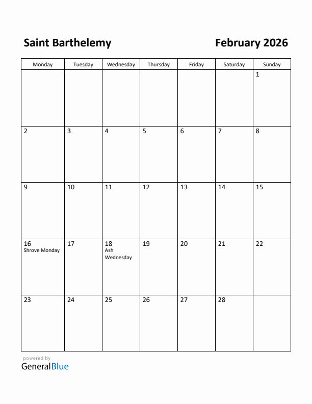 February 2026 Calendar with Saint Barthelemy Holidays