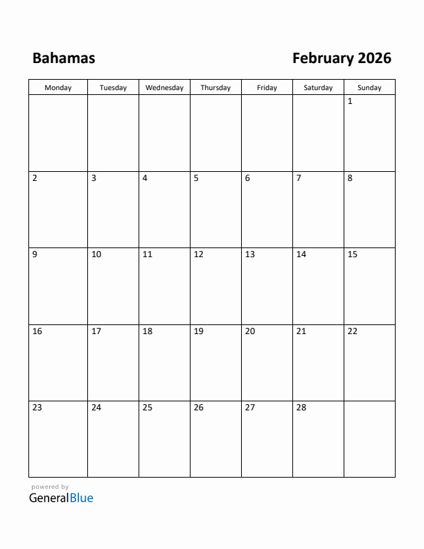 February 2026 Calendar with Bahamas Holidays