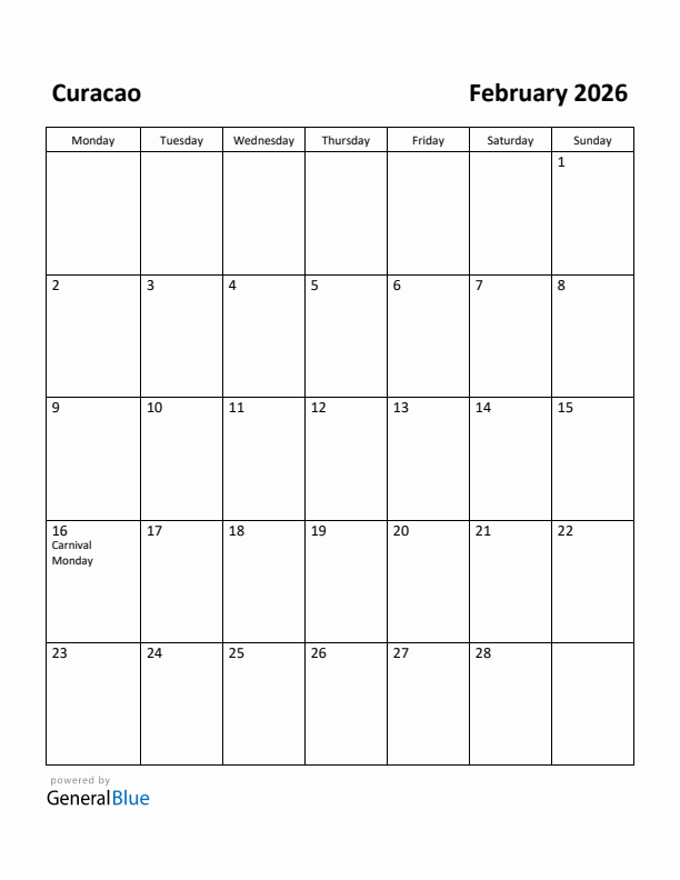 February 2026 Calendar with Curacao Holidays