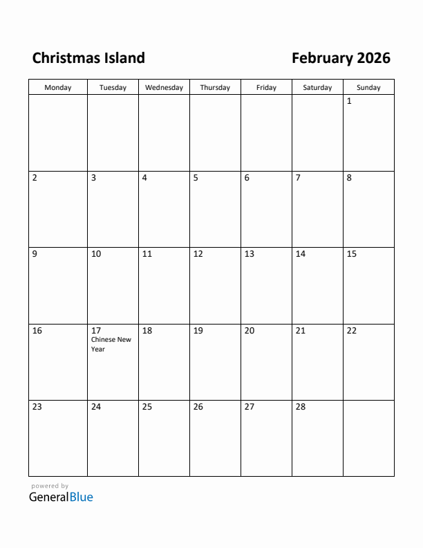 February 2026 Calendar with Christmas Island Holidays