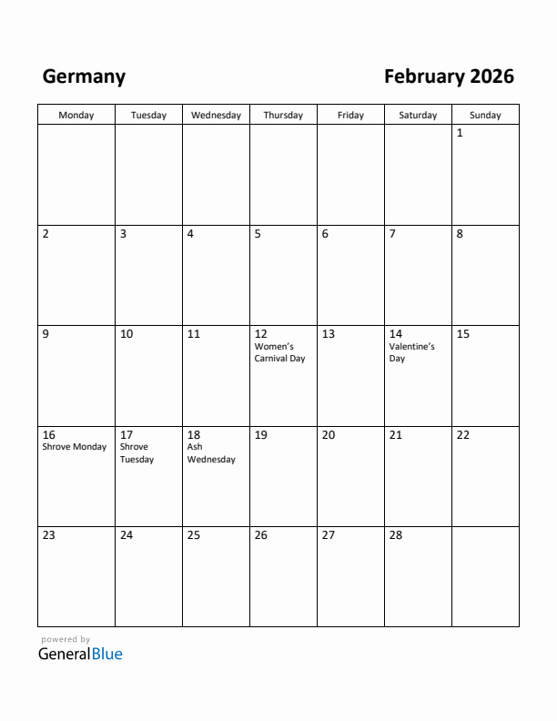 February 2026 Calendar with Germany Holidays