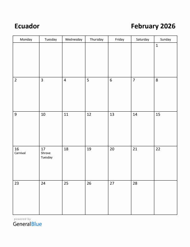 February 2026 Calendar with Ecuador Holidays