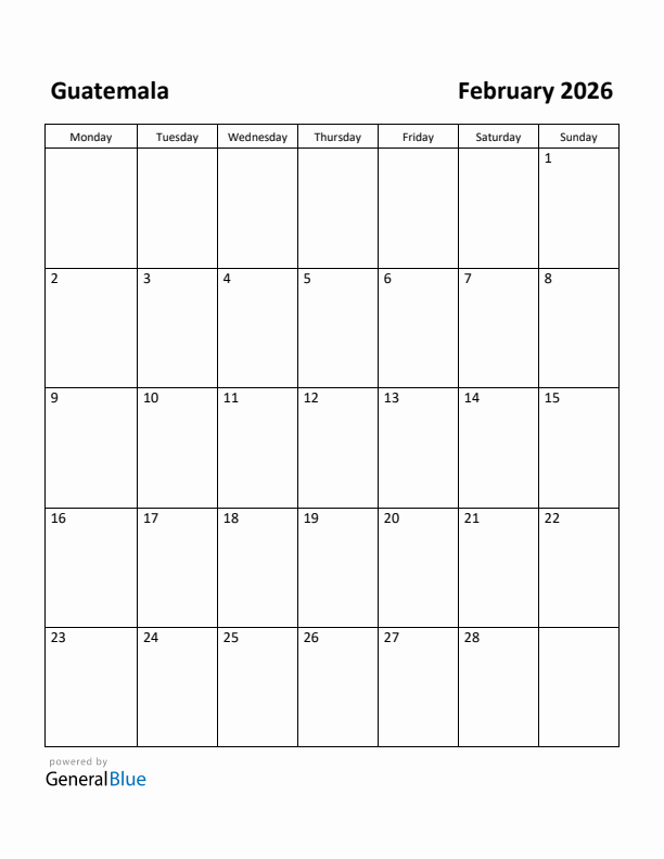 February 2026 Calendar with Guatemala Holidays