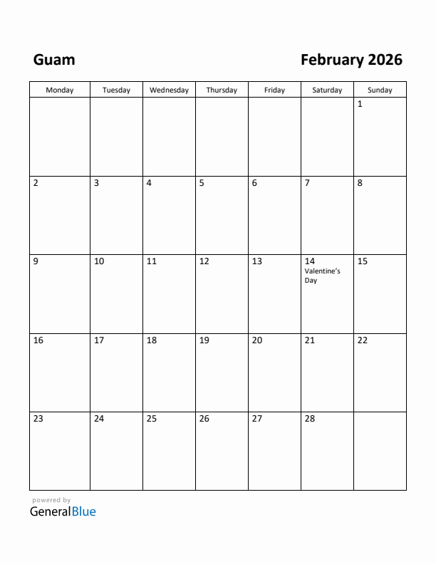 February 2026 Calendar with Guam Holidays