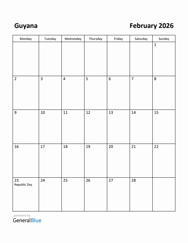 February 2026 Calendar with Guyana Holidays