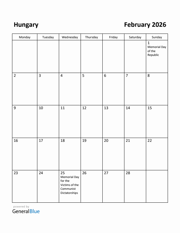 February 2026 Calendar with Hungary Holidays