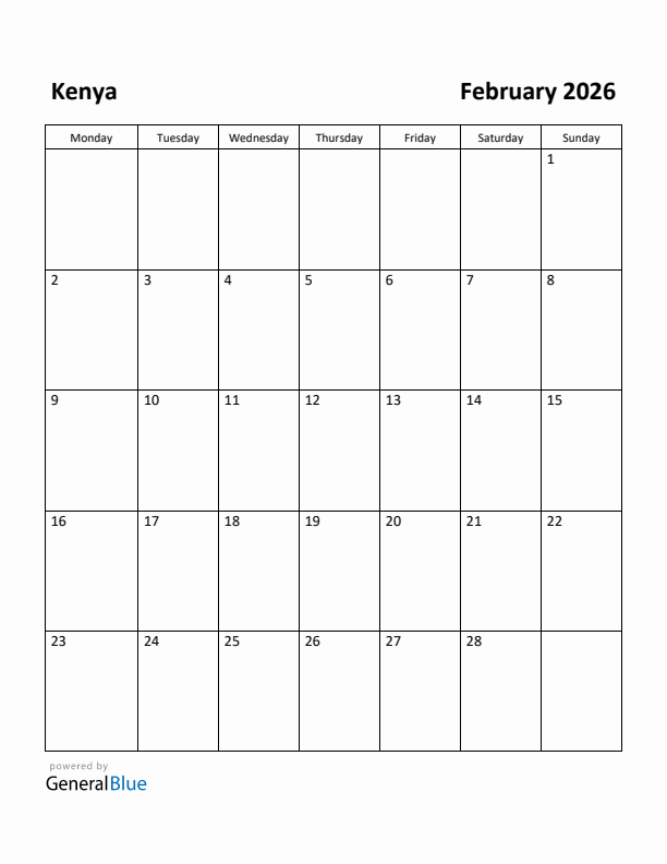 February 2026 Calendar with Kenya Holidays
