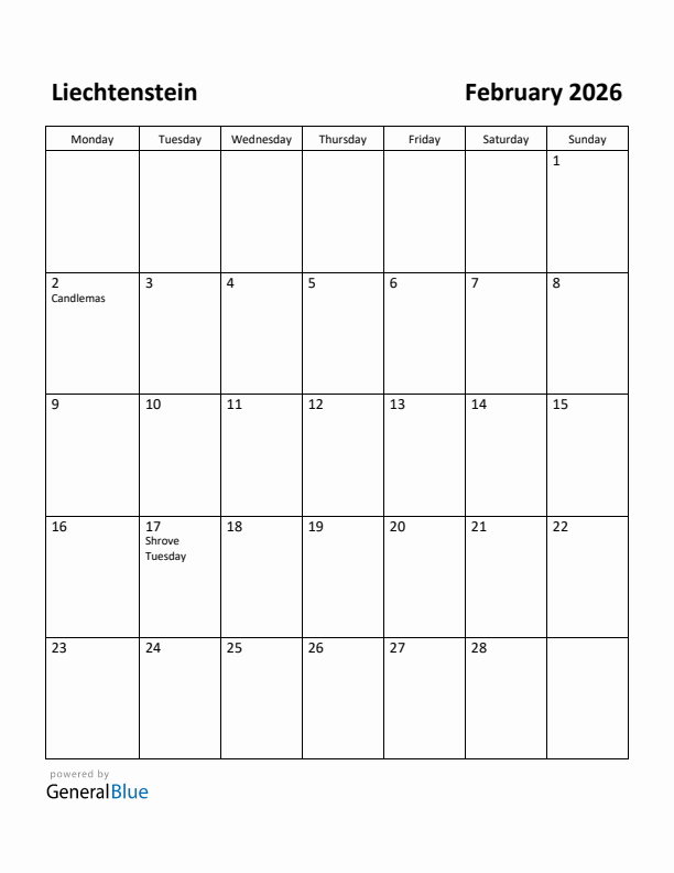 February 2026 Calendar with Liechtenstein Holidays