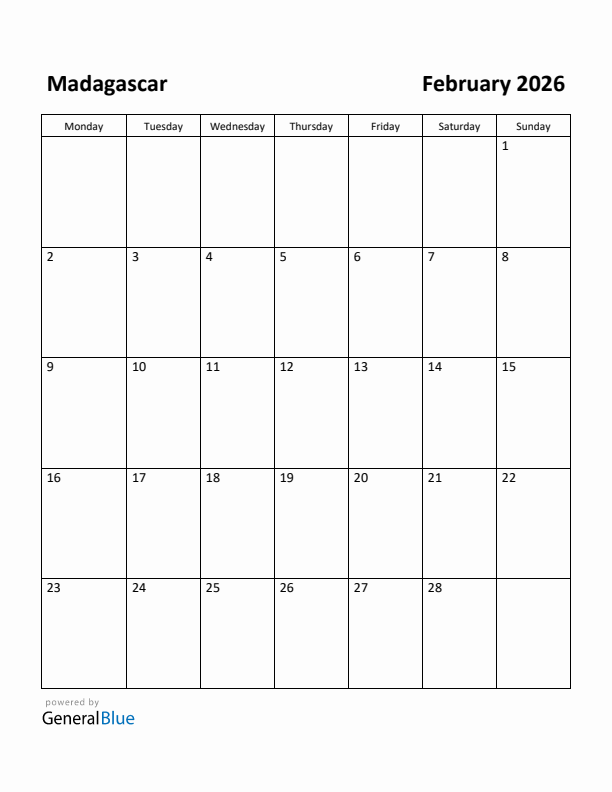 February 2026 Calendar with Madagascar Holidays